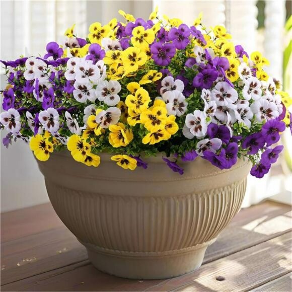 Artificial Pansy Flowers Outdoor UV Resistant Faux Plants for Porch Patio Decor - Picture 1 of 8